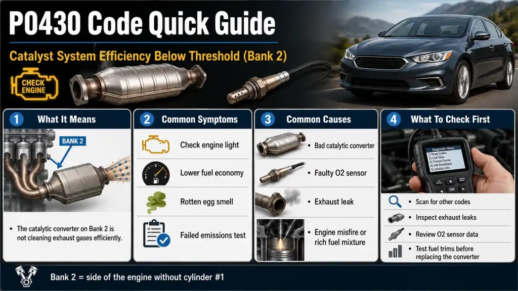 Infographic explaining P0430 code meaning, common symptoms, causes, and first diagnostic checks for Bank 2 catalyst efficiency.