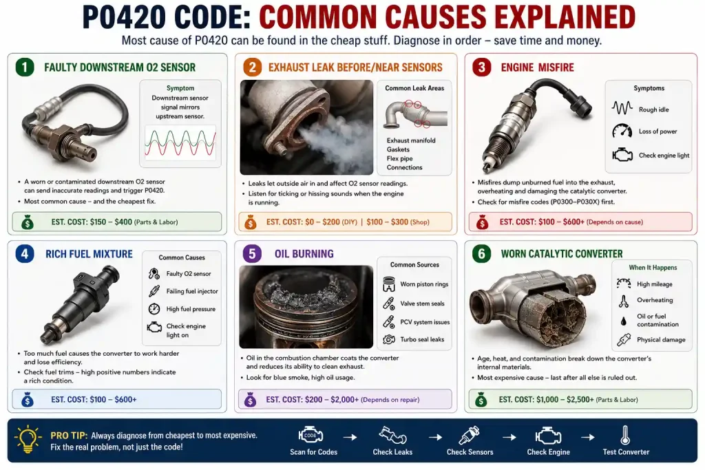 Infographic explaining the six most common causes of a P0420 code